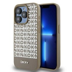   Eredeti DKNY hardcase bőr nyomott mintás fém logóval MagSafe DKHMP15XPSOSPW iPhone 15 Pro Max tok barna