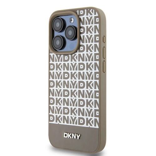 Eredeti DKNY hardcase bőr nyomott mintás fém logóval MagSafe DKHMP15XPSOSPW iPhone 15 Pro Max tok barna