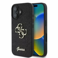 iPhone 16 Fekete Guess PU Fixed Glitter 4G Metal Logo tok