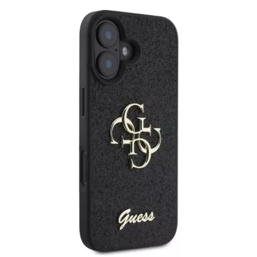 iPhone 16 Fekete Guess PU Fixed Glitter 4G Metal Logo tok