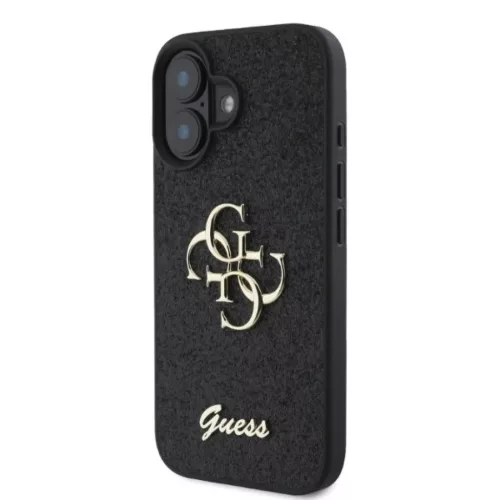 iPhone 16 Fekete Guess PU Fixed Glitter 4G Metal Logo tok