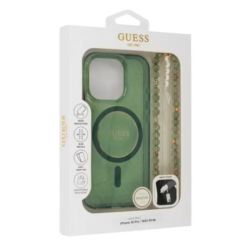 iPhone 16 Plus zöld Eredeti Tok GUESS IML Csillogó Pánttal Magsafe GUHMP16MHGCRELSA