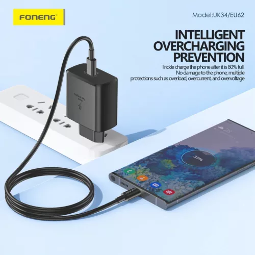 Foneng Fali töltő EU62 GaN - Type C - PD 45W Type C-Type C kábellel fekete