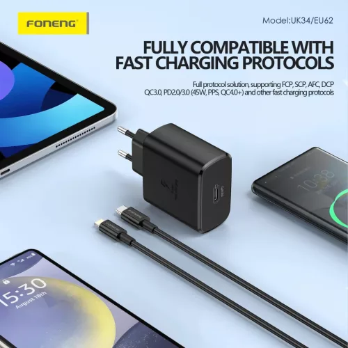 Foneng Fali töltő EU62 GaN - Type C - PD 45W Type C-Type C kábellel fekete