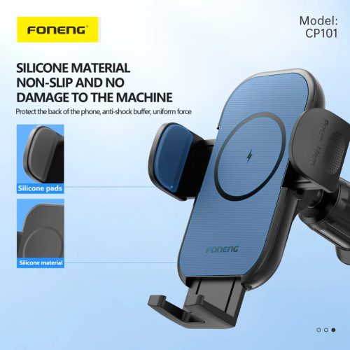 Foneng autós telefontartó CP101 vezeték nélküli töltéssel, légbefúvóhoz rögzíthető, fekete