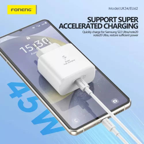 Foneng Fali töltő EU62 GaN - Type C - PD 45W Type C - Type C kábellel fehér