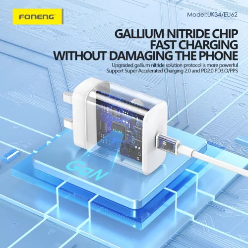 Foneng Fali töltő EU62 GaN - Type C - PD 45W Type C - Type C kábellel fehér