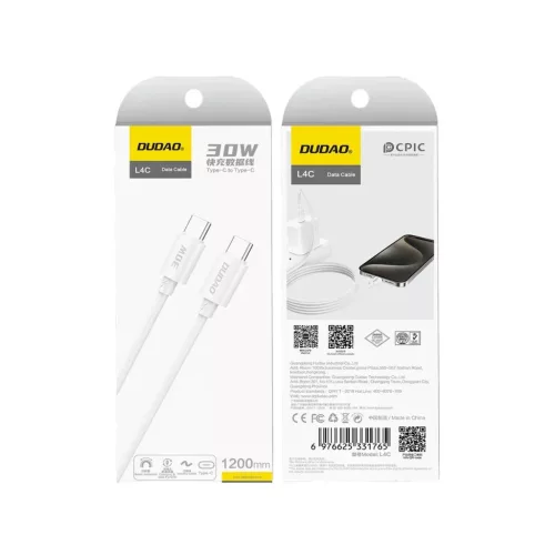 Dudao L4C USB-C / USB-C kábel 30W 2m - fehér