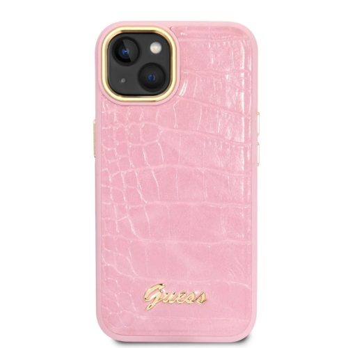 Guess PU Croco fém kamerakontúros tok iPhone 14 Plus Pink
