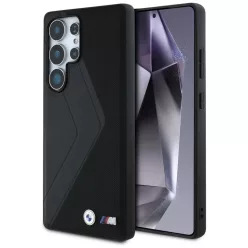   Eredeti BMW Bőr Nagy Méretű Csíkok MagSafe Samsung Galaxy S25 Ultra tok fekete
