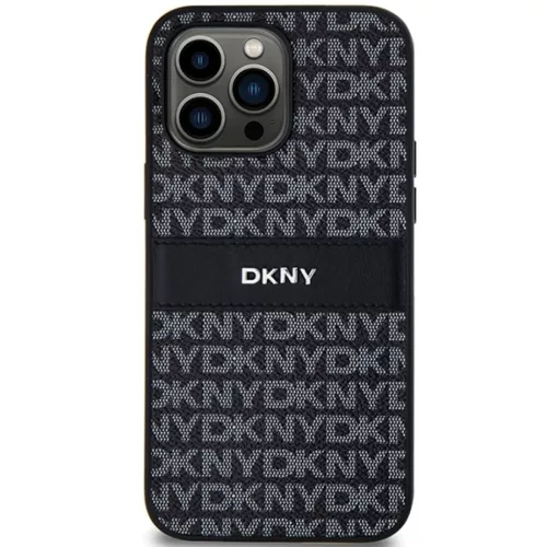 Eredeti DKNY kemény tok bőr Mono Stripe & fém logóval iPhone 14 Pro Max fekete