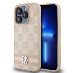   Eredeti DKNY bőrtok kockás mono mintával és nyomtatott csíkokkal iPhone 15 Pro Max rózsaszín tok