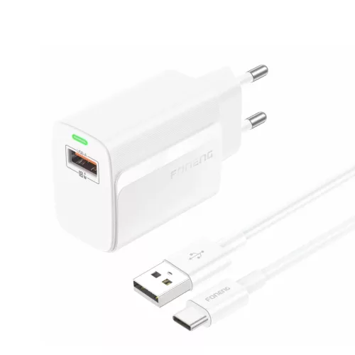 Foneng Fali töltő EU64 - USB - 18W USB - Type C kábellel fehér