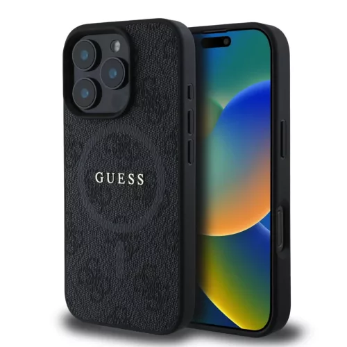 iPhone 16 Pro Fekete Guess PU Leather 4G Színes Gyűrű MagSafe Tok
