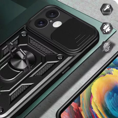 Hybrid Armor Camshield iPhone 16 Plus tok kameravédelemmel és állvánnyal - Fekete tok