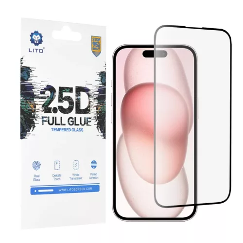 Lito - 2.5D Teljes Ragasztós Üveg - iPhone 15 - Fekete üvegfólia