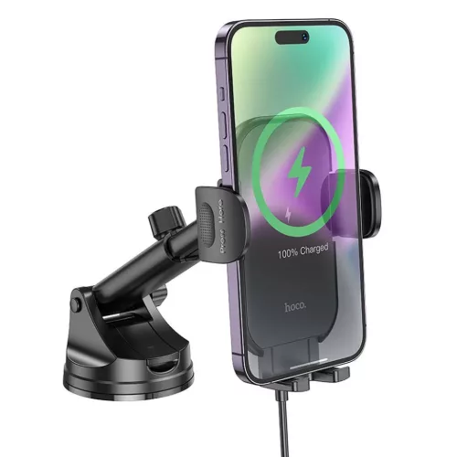 HOCO autós telefontartó vezeték nélküli töltéssel szélvédőre / középkonzolra 15W HW5 fekete