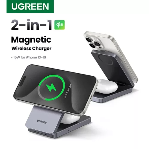 Ugreen - Vezeték nélküli töltő 2 az 1-ben W706 (45023) - MagSafe, iPhone-hoz, Apple Watch-hoz, AirPods-hoz, USB-C, 20W, 3A, Qi2, MPP - Fekete