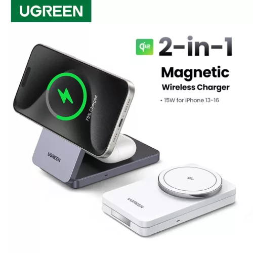 Ugreen - Vezeték nélküli töltő 2 az 1-ben W706 (45023) - MagSafe, iPhone-hoz, Apple Watch-hoz, AirPods-hoz, USB-C, 20W, 3A, Qi2, MPP - Fekete