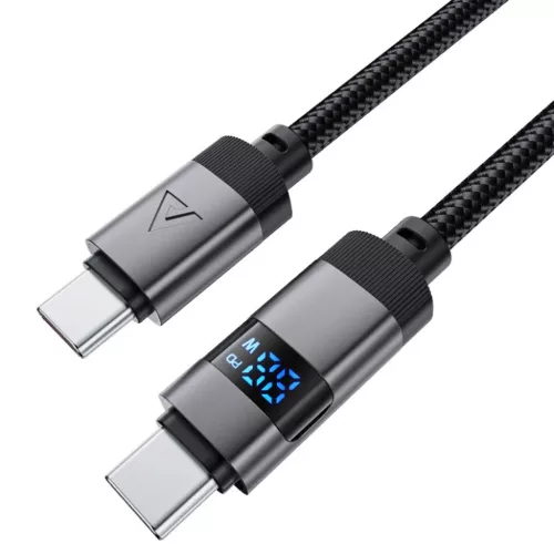 Data Cable (C15-03) Acefast Fekete - Digitális kijelzővel, gyors töltés, Type-C a Type-C, 60W, 3A, cinkötvözet, 1.2m