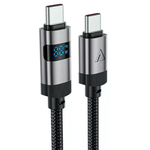 Data Cable (C15-03) Acefast Fekete - Digitális kijelzővel, gyors töltés, Type-C a Type-C, 60W, 3A, cinkötvözet, 1.2m