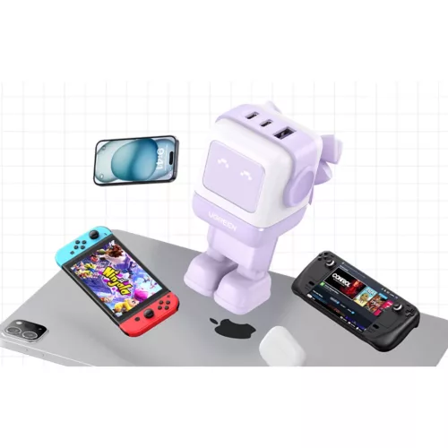 Fali töltő Ugreen Nexode RG (Robot GaN), 2x USB-C + USB, 65W (lila)