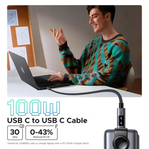 UGREEN L509 USB-C - USB-C kábel, 100W, 5A, 0.5m, Szürke
