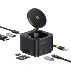   Baseus MagPro Series II 7 az 1-ben USB-C Hub MagSafe-kompatibilis töltővel 15W + HDMI + USB-A + USB-C + SD/TF - Fekete