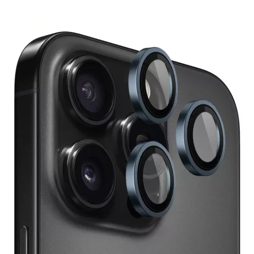 Blueo - Eredeti Fém Keretes Lencsevédő (3 darab) - iPhone 15 Pro - Kék üvegfólia