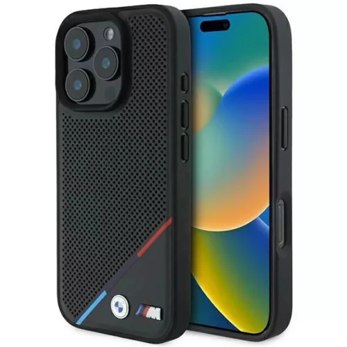 iPhone 16 Pro BMW M Perforated Tricolor Line MagSafe tok - Fekete