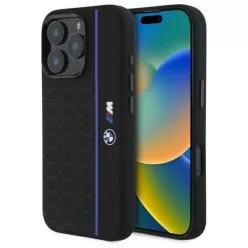  iPhone 16 Pro BMW Keménytok Szilikon Hexagon Kék Vonallal MagSafe (BMHMP16L23SHEB) fekete tok