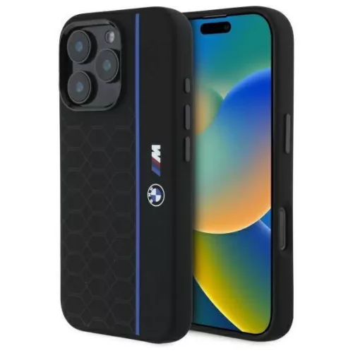iPhone 16 Pro BMW Keménytok Szilikon Hexagon Kék Vonallal MagSafe (BMHMP16L23SHEB) fekete tok