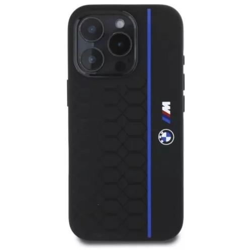 iPhone 16 Pro BMW Keménytok Szilikon Hexagon Kék Vonallal MagSafe (BMHMP16L23SHEB) fekete tok