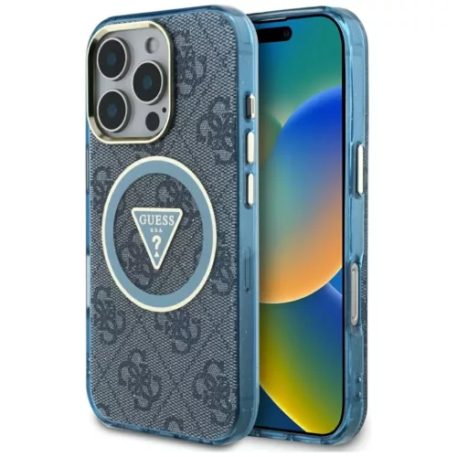 iPhone 16 Pro Kék Guess - IML Metal Glitter 4G Körtéglalap Háromszög MagSafe tok