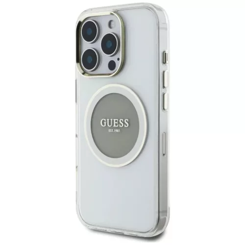 iPhone 16 Pro Szürke Guess IML Fém Színes Kör Classic Logo MagSafe tok