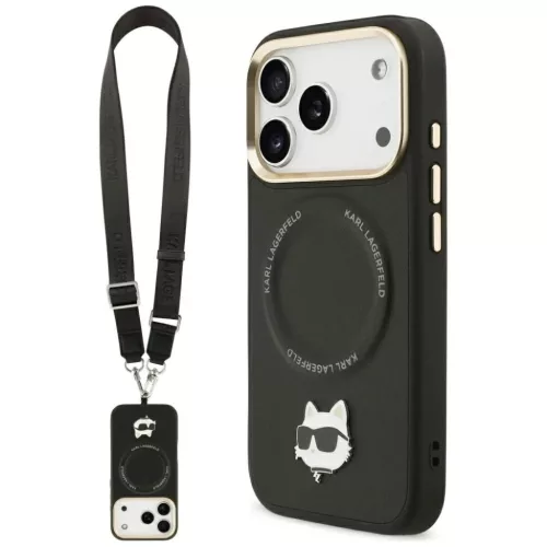iPhone 17 Pro Max Fekete Karl Lagerfeld Big Strap Choupette Metal Logo MagSafe tok