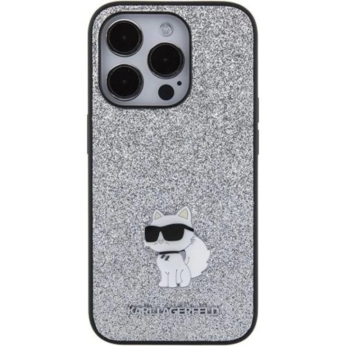 iPhone 15 Pro Max Ezüst Karl Lagerfeld Fixed Glitter Choupette Logo Metal Pin tok