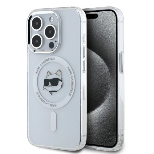 iPhone 15 Pro Max átlátszó Karl Lagerfeld IML Choupette Head Metal Frame MagSafe tok