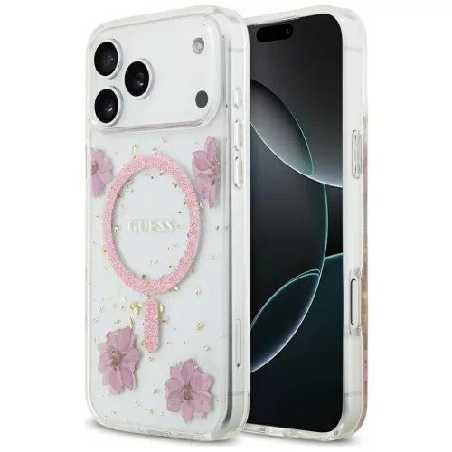 iPhone 17 Pro Pink Guess - Resin Flowers and Glitter MagSafe (GUHMP17LRBFGFGMP) tok