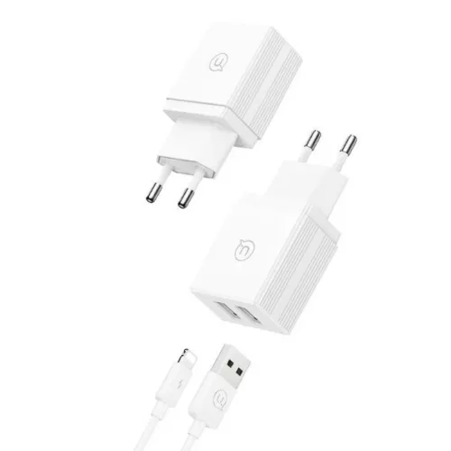 USAMS Töltő 2xUSB 18W + Lightning/USB-A kábel Gyors Töltés fehér sorozat HC HCXLTZ01