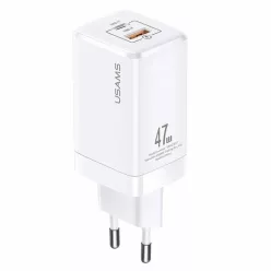   USAMS T41 hálózati töltő adapter USB-C + USB GaN 47W PD + QC Gyorstöltés fehér (US-CC137)