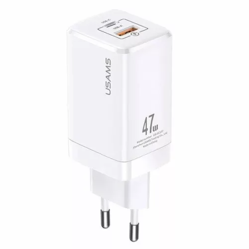 USAMS T41 hálózati töltő adapter USB-C + USB GaN 47W PD + QC Gyorstöltés fehér (US-CC137)