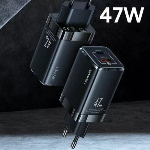 USAMS T41 hálózati töltő adapter USB-C + USB GaN 47W PD + QC Gyorstöltés fehér (US-CC137)