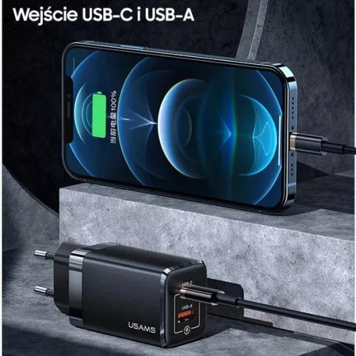 USAMS T41 hálózati töltő adapter USB-C + USB GaN 47W PD + QC Gyorstöltés fehér (US-CC137)