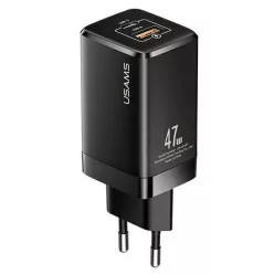   USAMS T41 hálózati töltő adapter USB-C + USB GaN 47W PD + QC Gyorstöltés fekete (US-CC137)