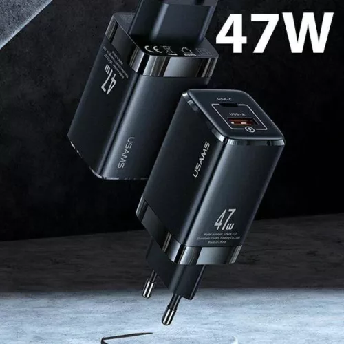 USAMS T41 hálózati töltő adapter USB-C + USB GaN 47W PD + QC Gyorstöltés fekete (US-CC137)