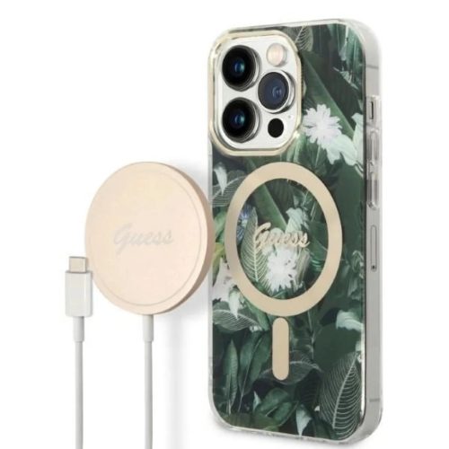 Guess GUBPP14LHJEACSA Tok+ Töltő iPhone 14 Pro 6.1" zöld/zöld kemény tok Jungle MagSafe