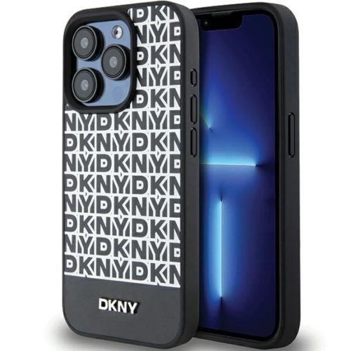 Original Case DKNY keménytok bőr nyomtatott mintával fém logóval MagSafe DKHMP15XPSOSPK iPhone 15 Pro Max fekete tok