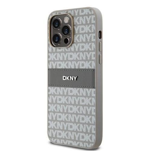 Original DKNY bőrtok mono csíkos fém logóval DKHCP14LPRTHSLE iPhone 14 Pro bézs