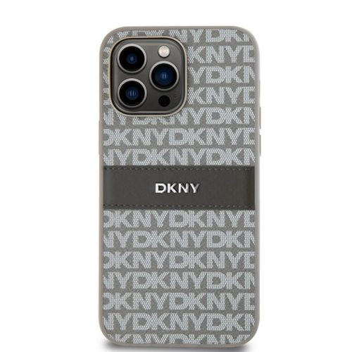 Original DKNY bőrtok mono csíkos fém logóval DKHCP14LPRTHSLE iPhone 14 Pro bézs
